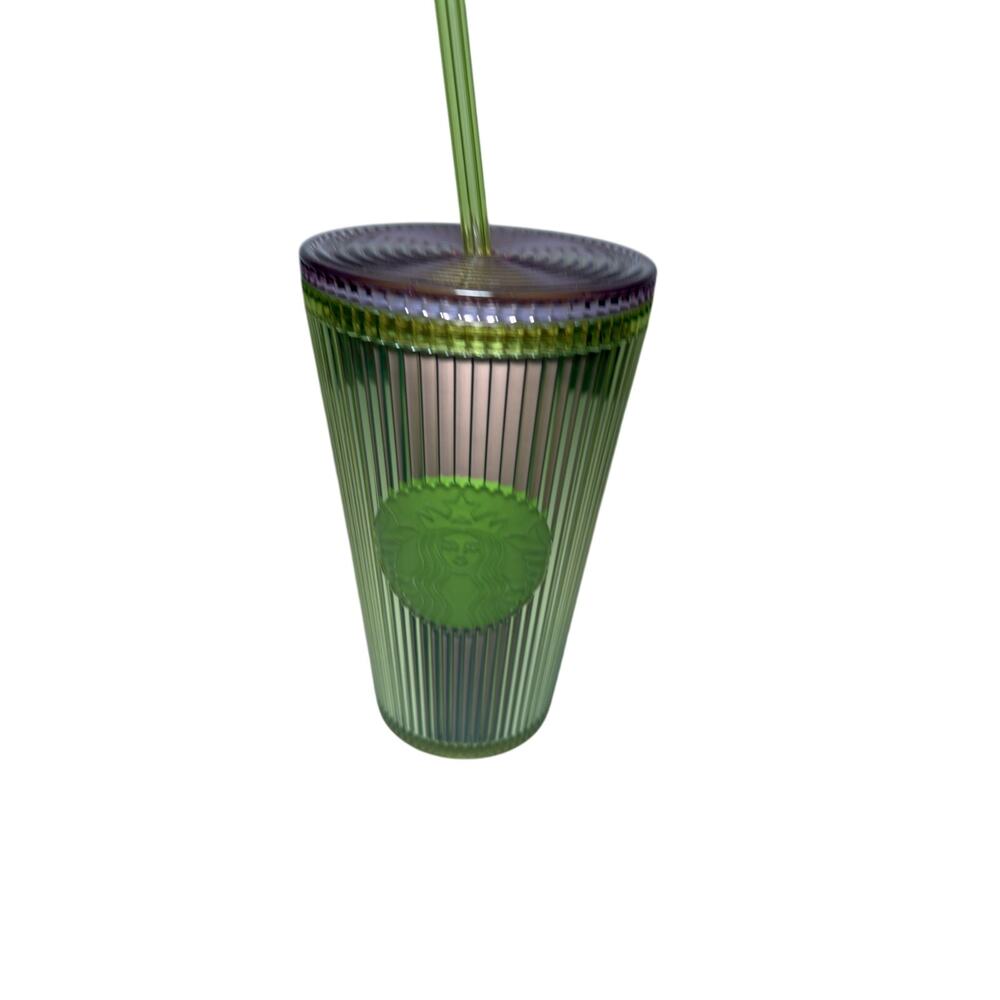 Starbucks 16oz Cold Cup Tumbler Ribbed Line Design Lime/Purple NWT